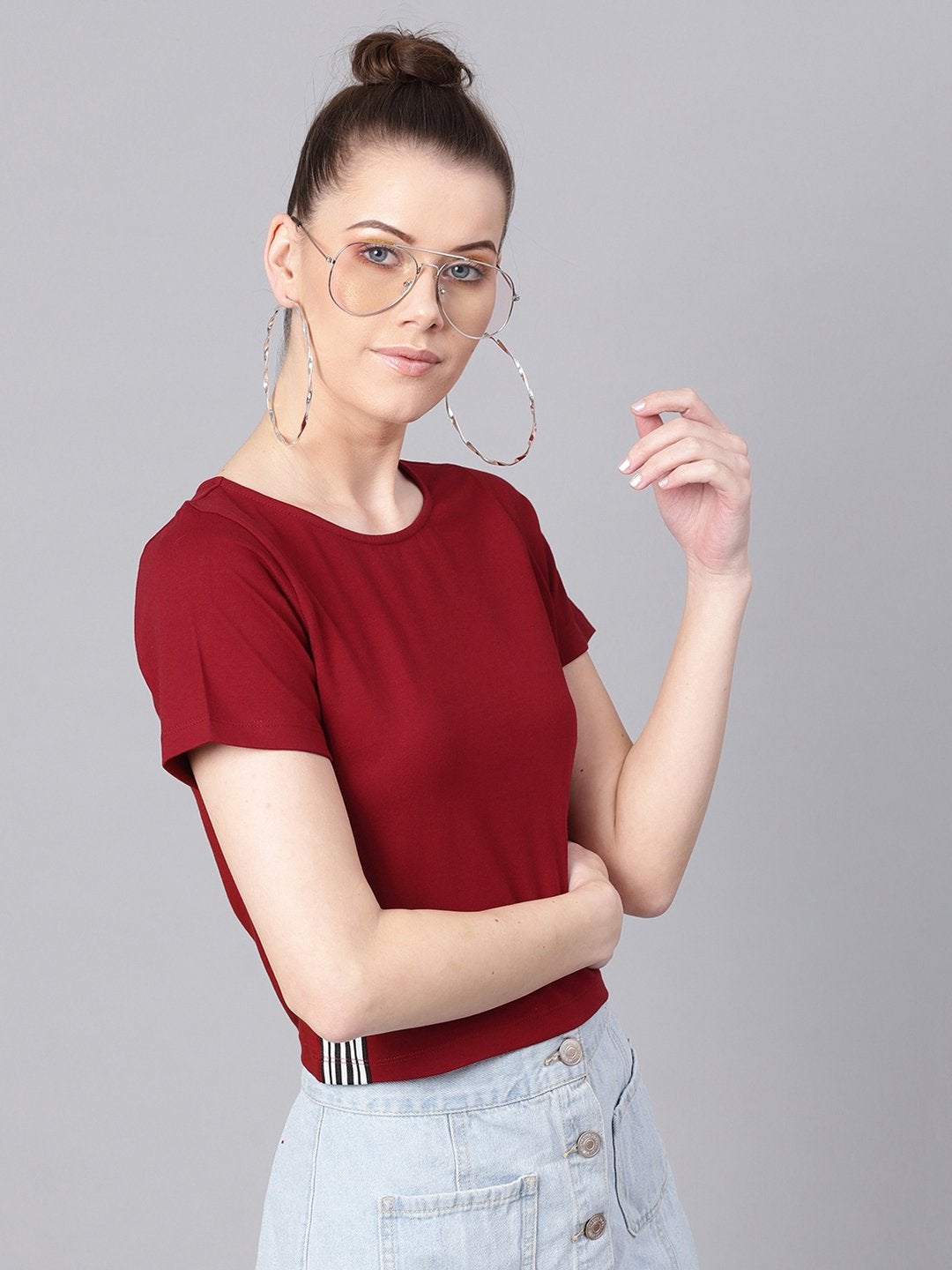 Women's Maroon Athleisure Tape Crop Top