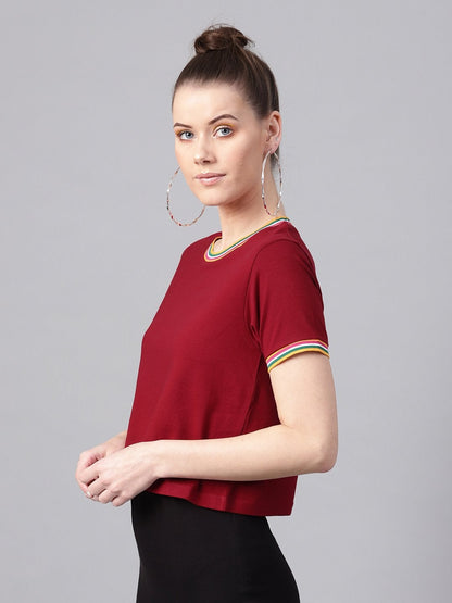 Women's Maroon Athleisure Rib Crop Top