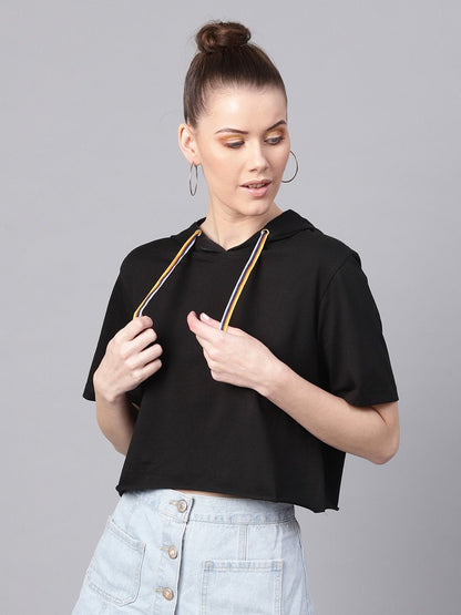 Women's Black Hoddie Boxy Athleisure Crop Top