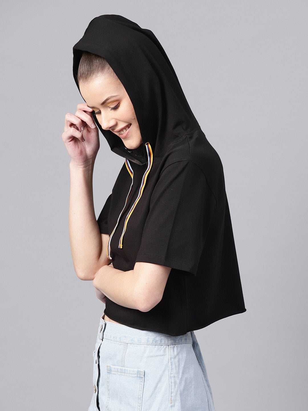 Women's Black Hoddie Boxy Athleisure Crop Top