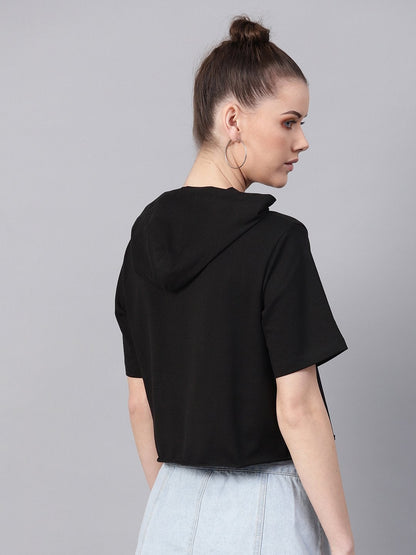Women's Black Hoddie Boxy Athleisure Crop Top
