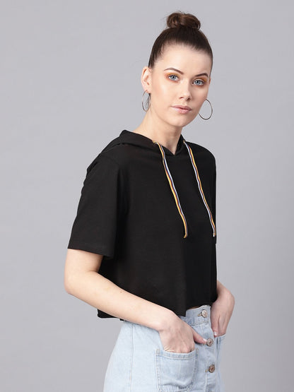 Women's Black Hoddie Boxy Athleisure Crop Top