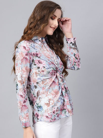 Women's Grey Floral Knot Shirt Top
