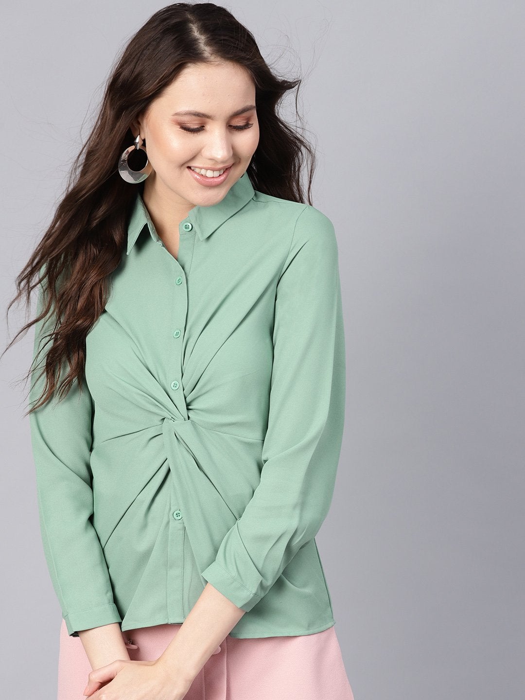 Women's Olive Front Knot Shirt Top