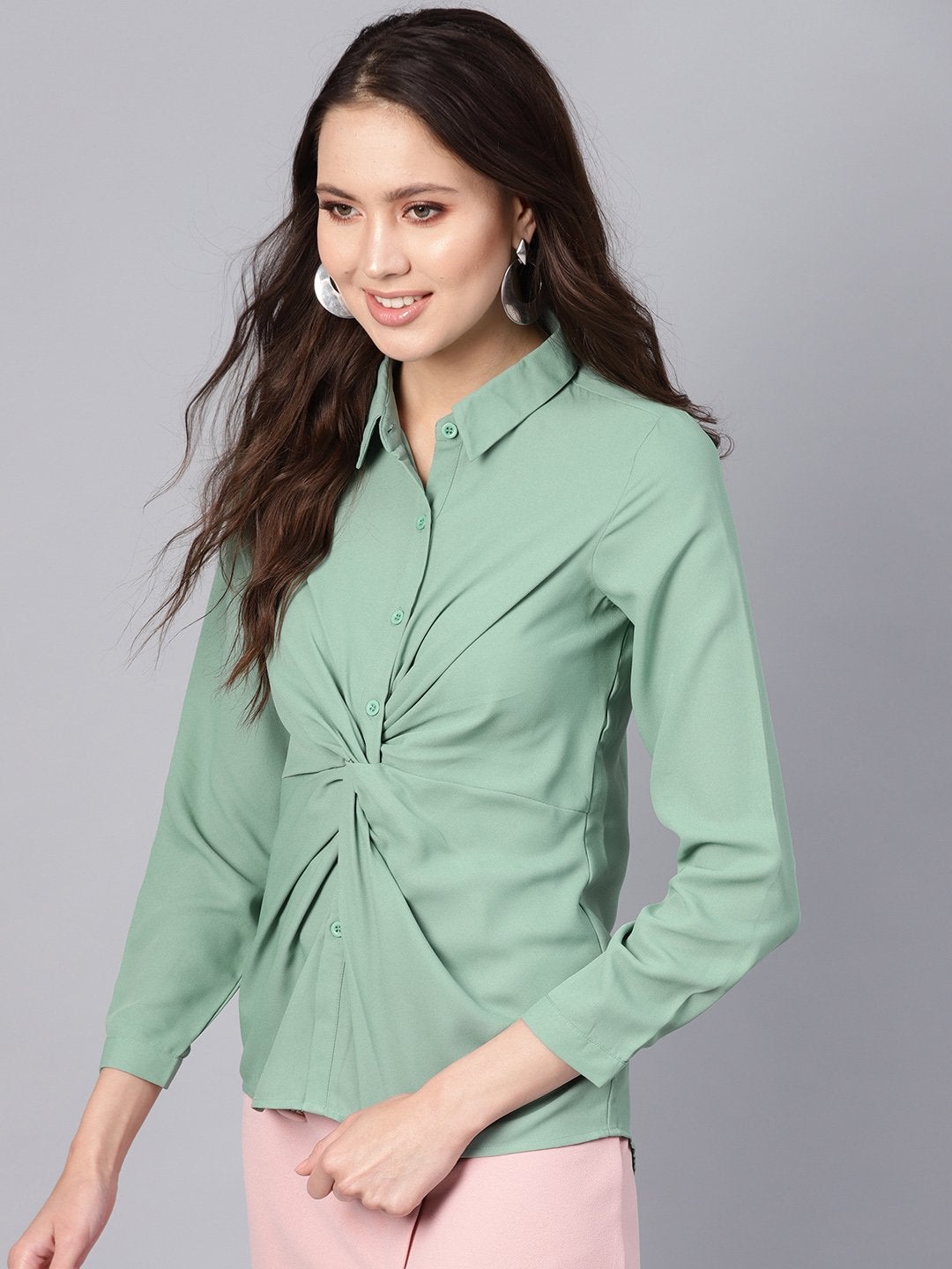 Women's Olive Front Knot Shirt Top