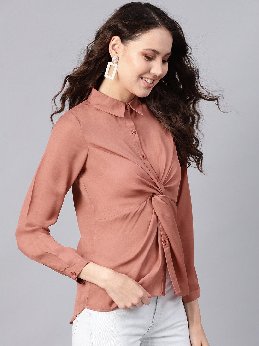Women's Pink Front Knot Shirt Top