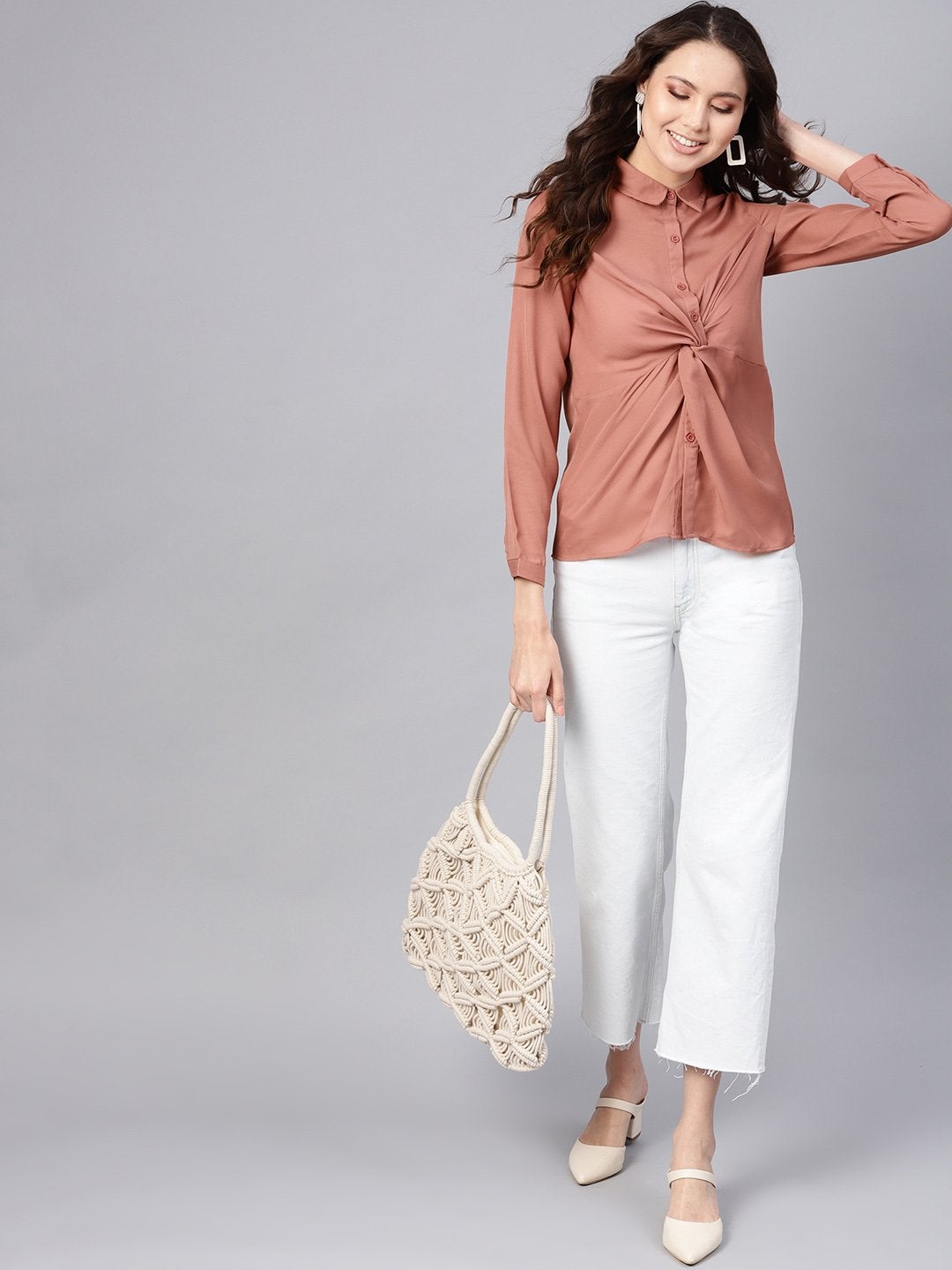 Women's Pink Front Knot Shirt Top