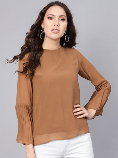 Women's Brown Pleated Sleeve Frill Hem Top