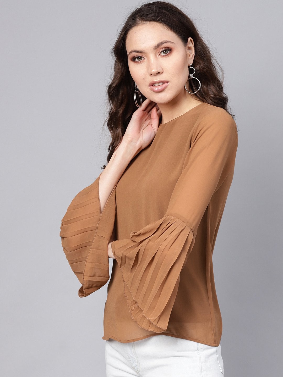 Women's Brown Pleated Sleeve Frill Hem Top