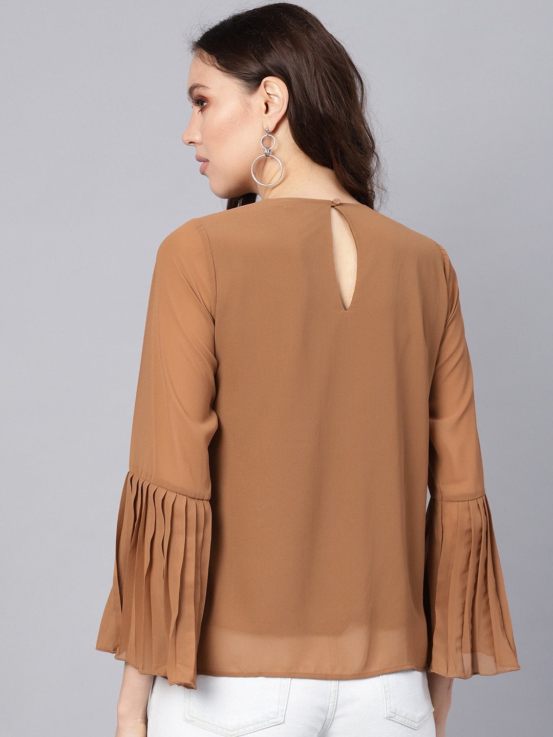 Women's Brown Pleated Sleeve Frill Hem Top