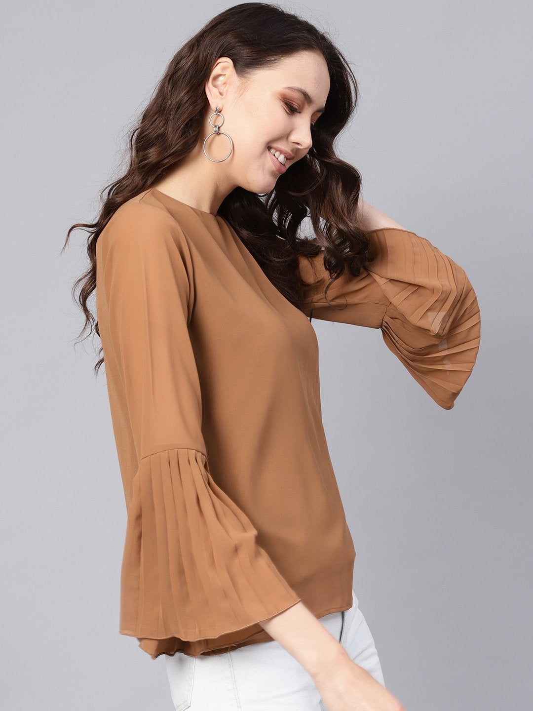 Women's Brown Pleated Sleeve Frill Hem Top