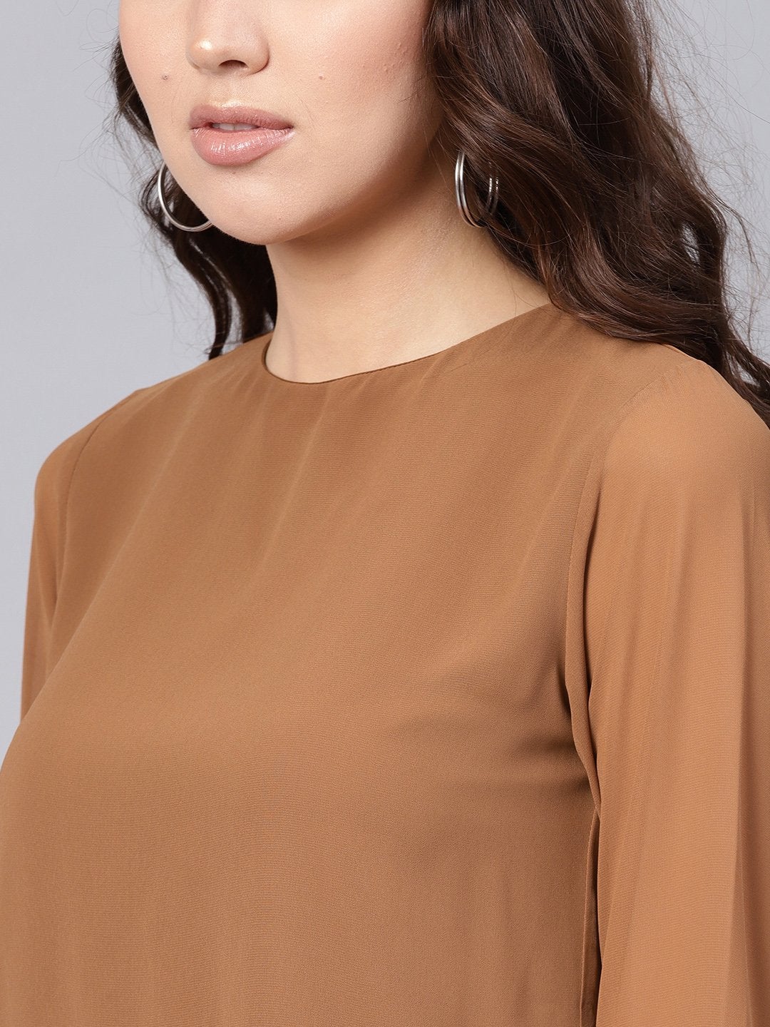Women's Brown Pleated Sleeve Frill Hem Top