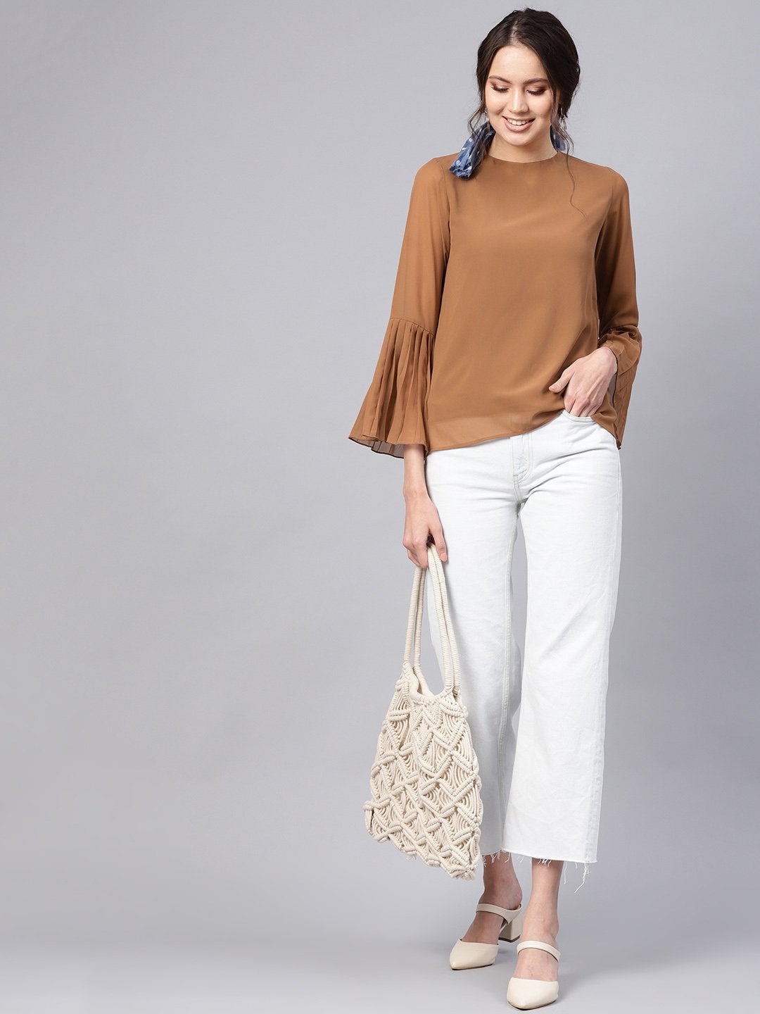 Women's Brown Pleated Sleeve Frill Hem Top