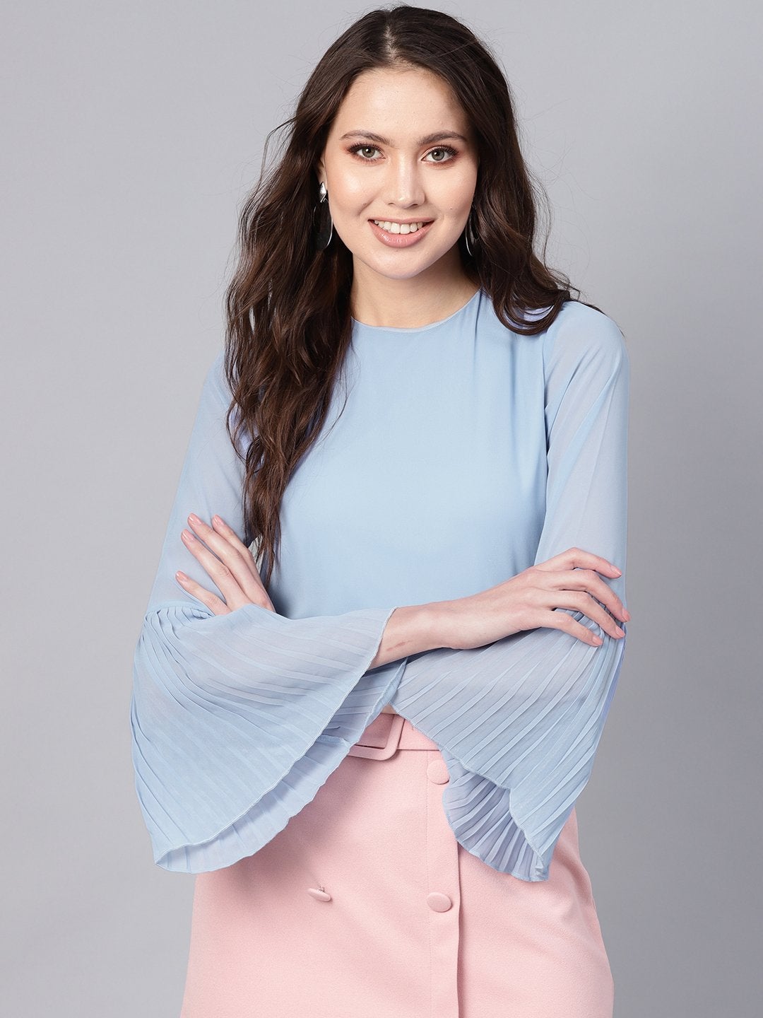 Women's Blue Pleated Sleeve Frill Hem Top