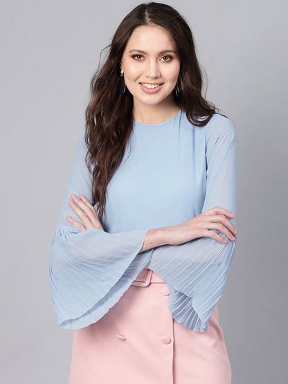 Women's Blue Pleated Sleeve Frill Hem Top
