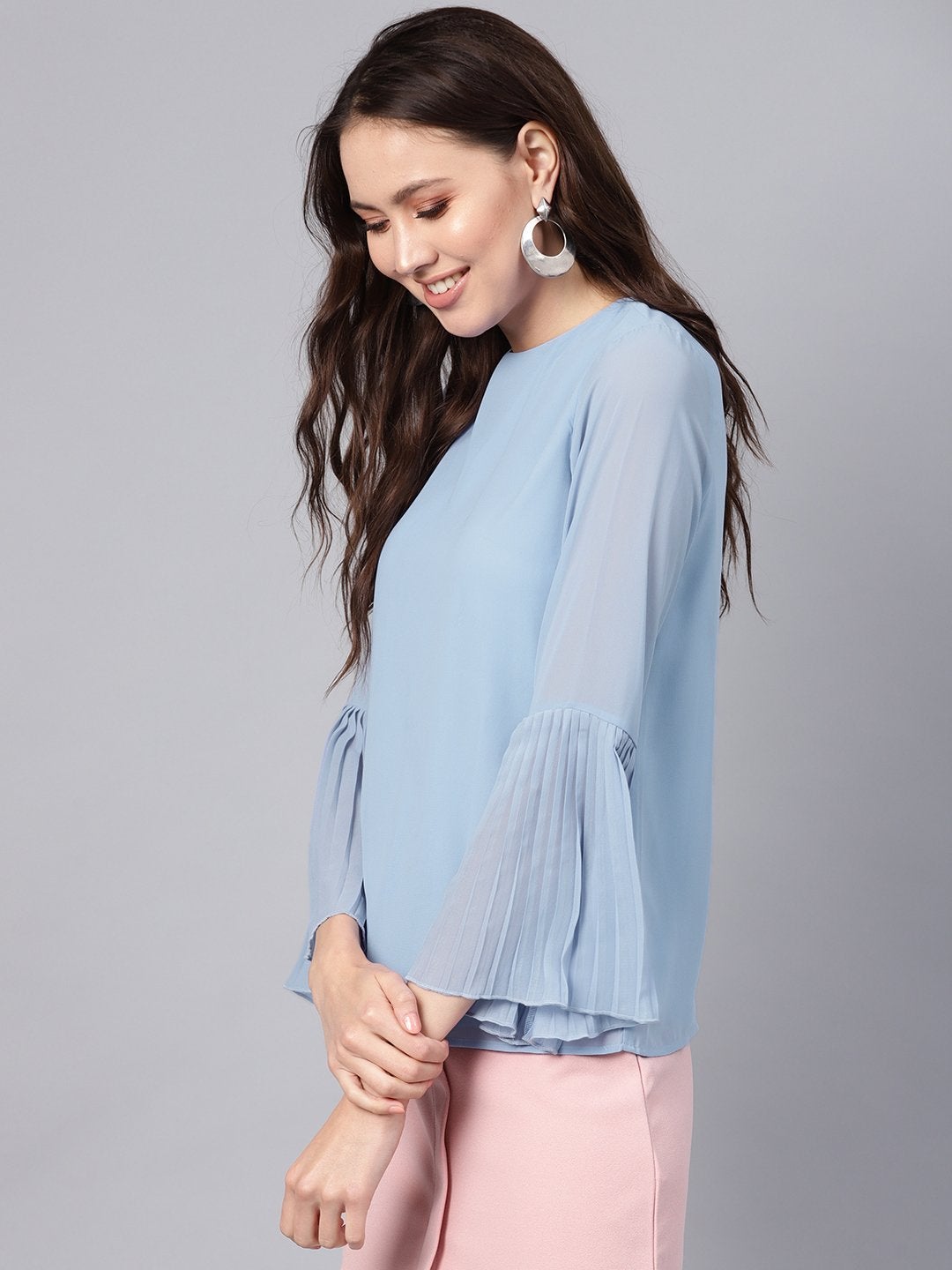 Women's Blue Pleated Sleeve Frill Hem Top