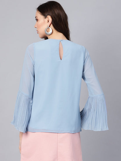 Women's Blue Pleated Sleeve Frill Hem Top