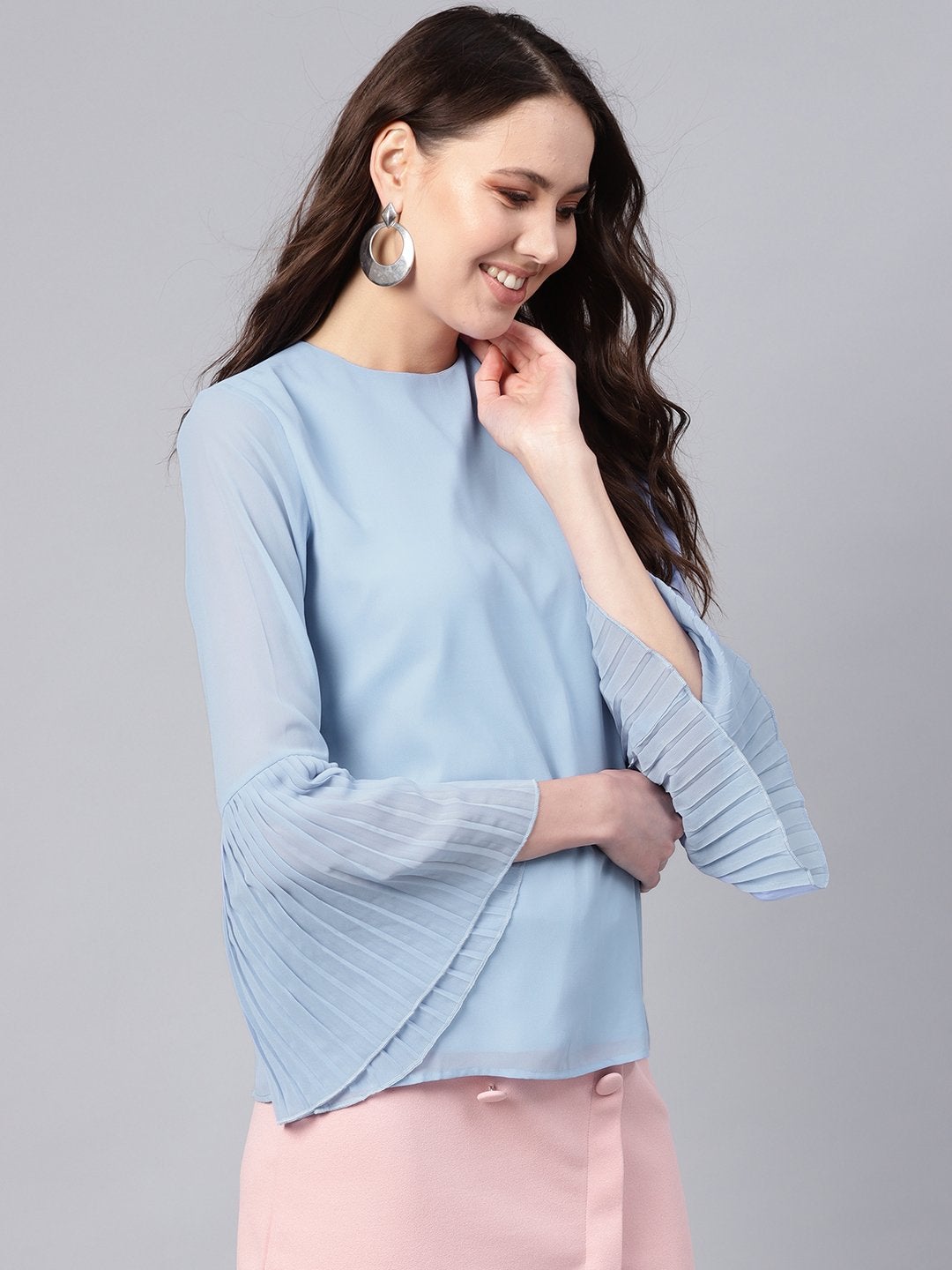 Women's Blue Pleated Sleeve Frill Hem Top
