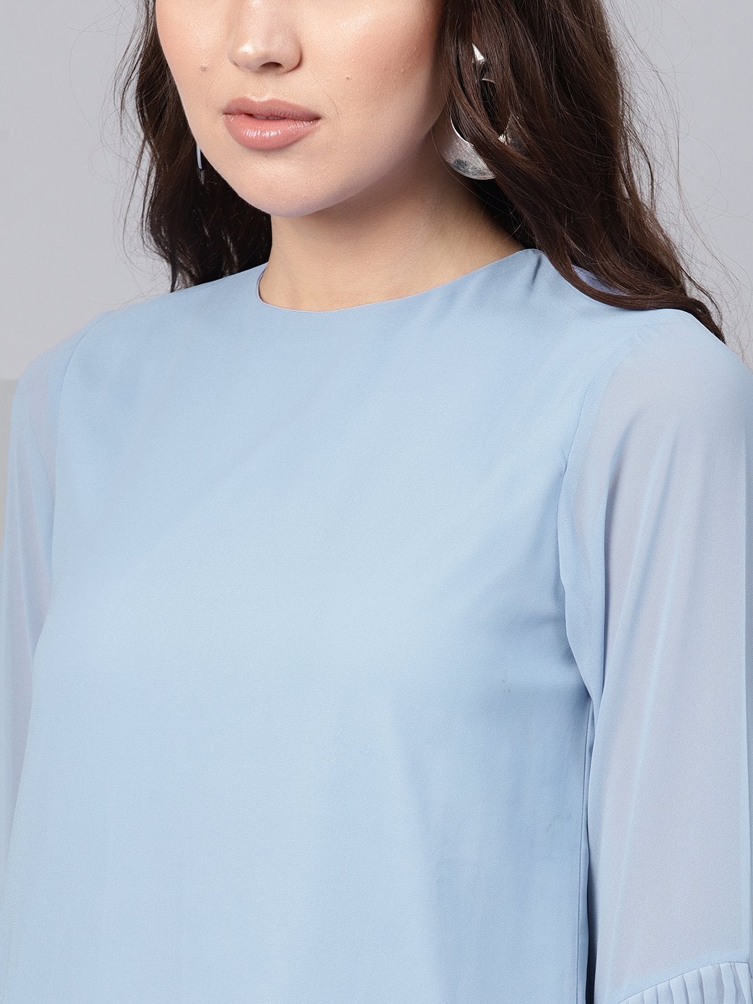 Women's Blue Pleated Sleeve Frill Hem Top