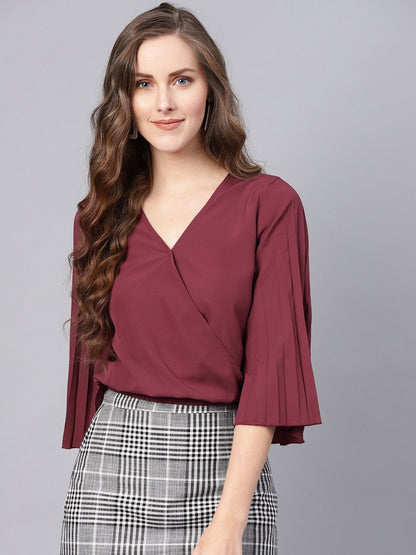 Women's Burgundy Wrap Pleated Flared Sleeve Crop Top