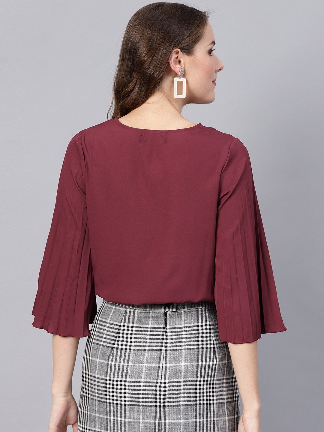 Women's Burgundy Wrap Pleated Flared Sleeve Crop Top