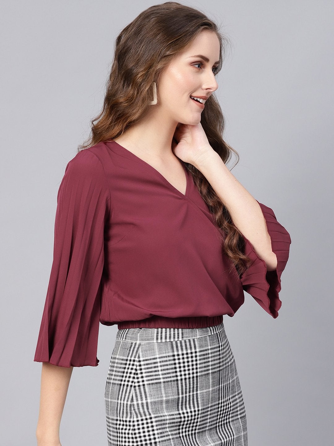 Women's Burgundy Wrap Pleated Flared Sleeve Crop Top