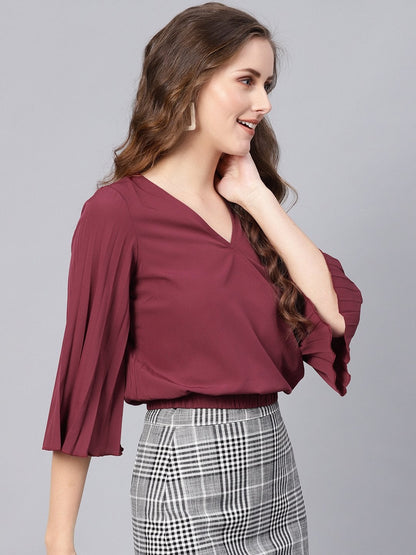 Women's Burgundy Wrap Pleated Flared Sleeve Crop Top