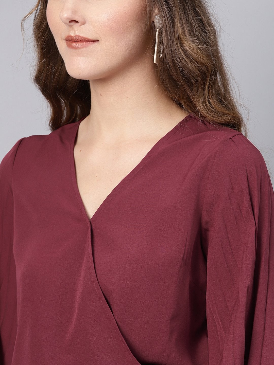 Women's Burgundy Wrap Pleated Flared Sleeve Crop Top