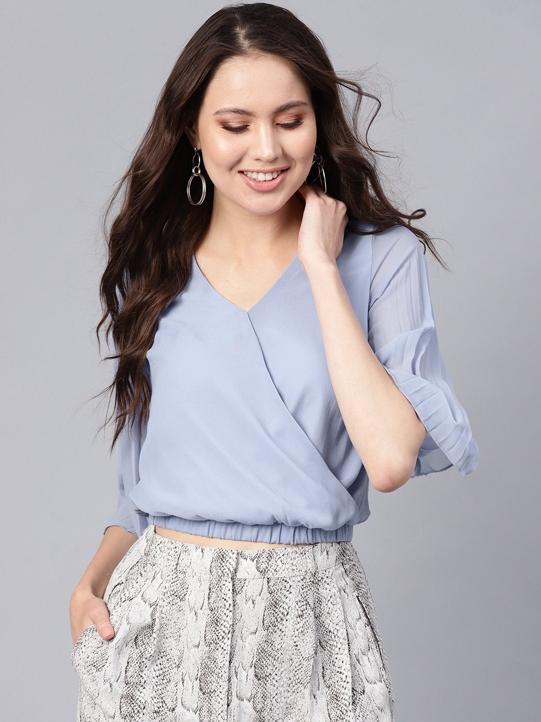Women's Blue Wrap Pleated Flared Sleeve Crop Top