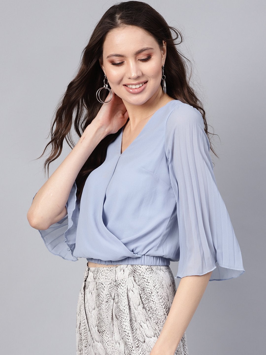 Women's Blue Wrap Pleated Flared Sleeve Crop Top