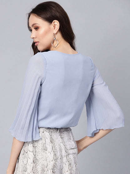 Women's Blue Wrap Pleated Flared Sleeve Crop Top