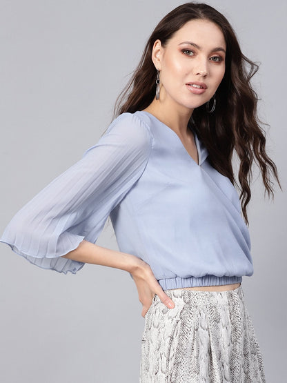 Women's Blue Wrap Pleated Flared Sleeve Crop Top