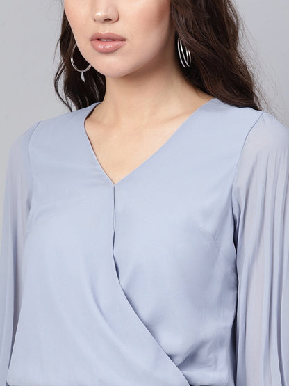 Women's Blue Wrap Pleated Flared Sleeve Crop Top