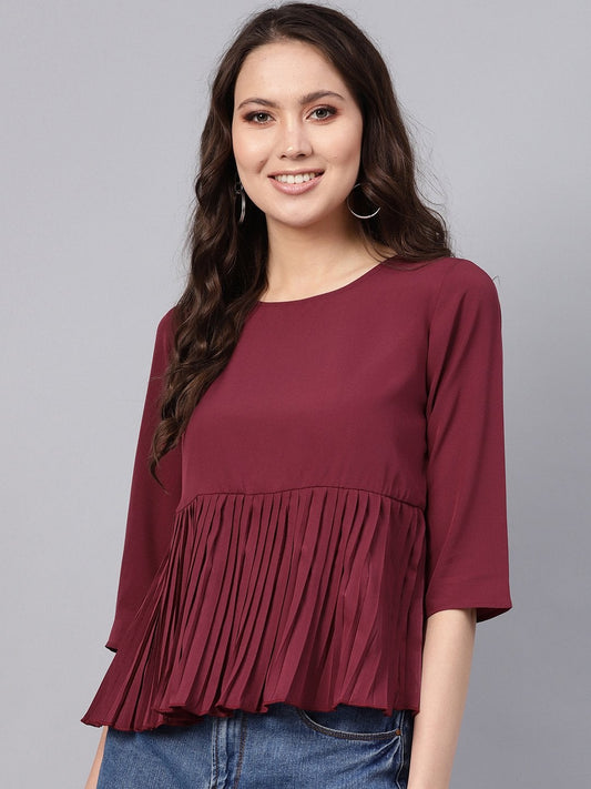 Women's Burgundy Pleated Peplum Top