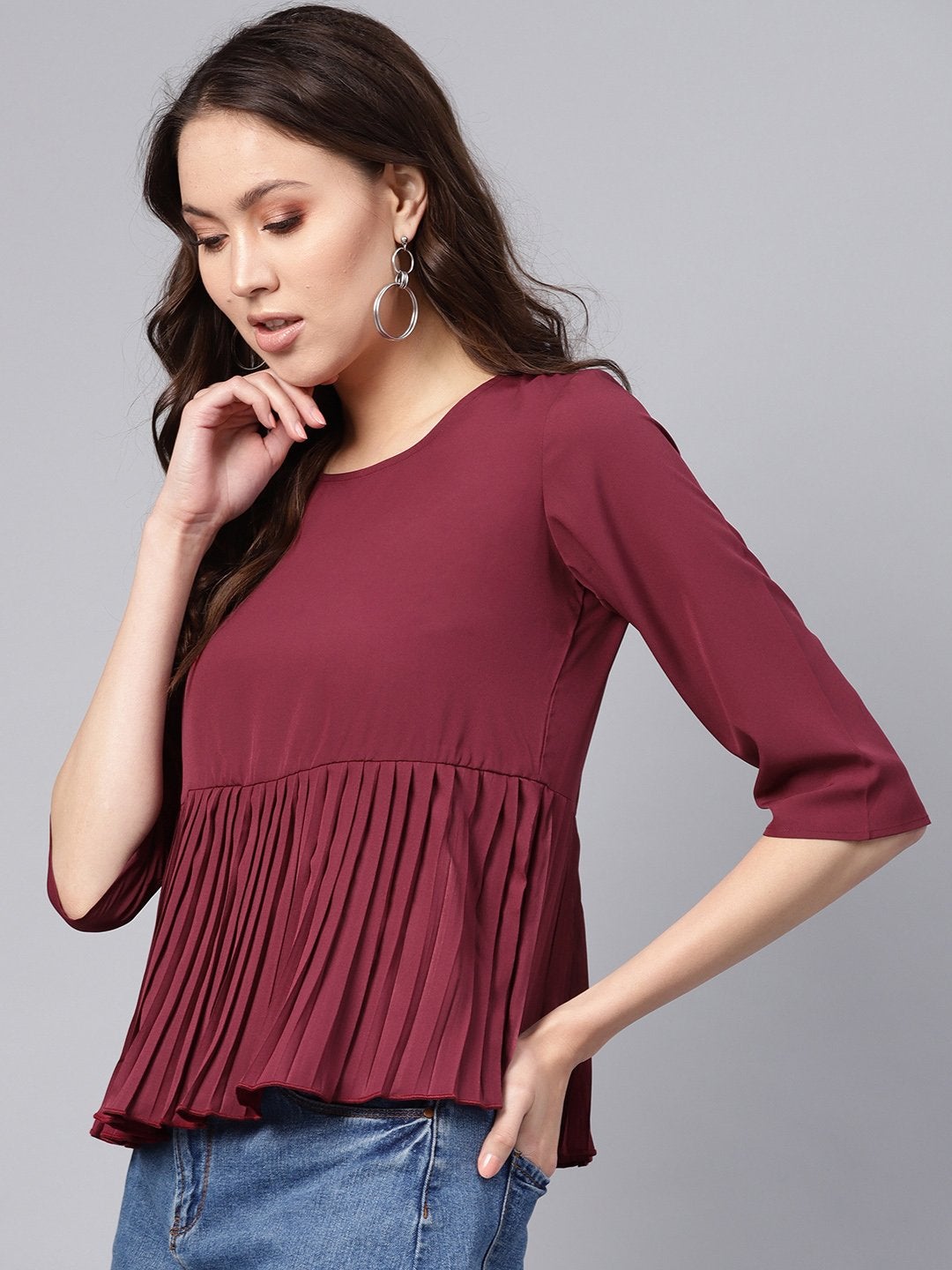 Women's Burgundy Pleated Peplum Top