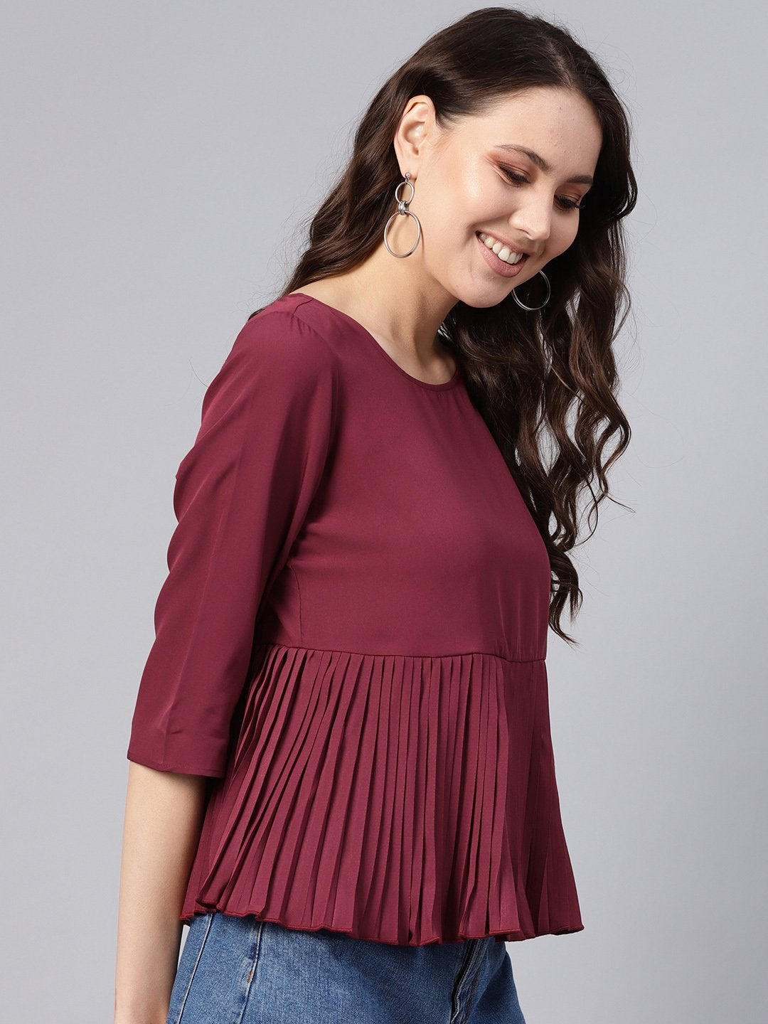 Women's Burgundy Pleated Peplum Top
