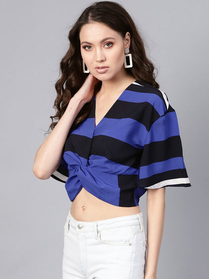 Women's Blue Stripe Twisted Crop Top
