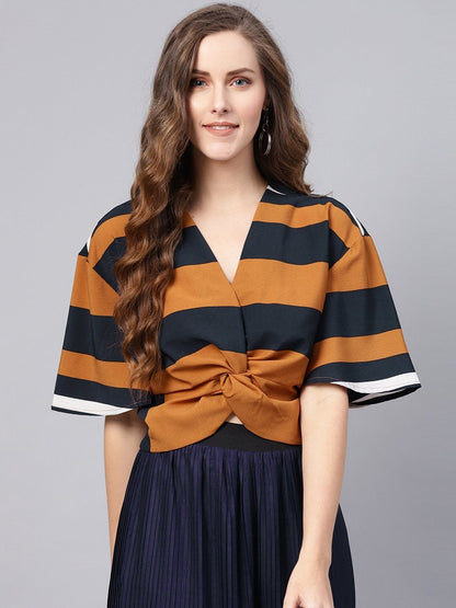 Women's Brown Stripe Twisted Crop Top