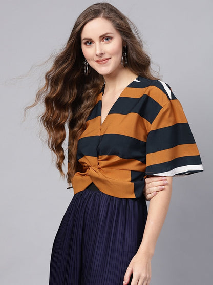 Women's Brown Stripe Twisted Crop Top