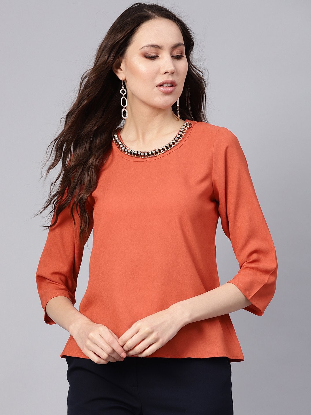 Women's Rust Front Embellished Necklace Top