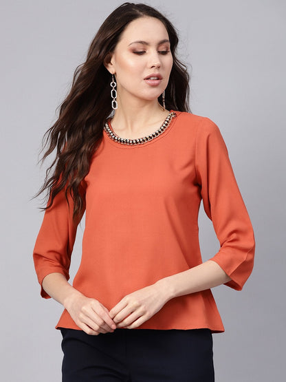 Women's Rust Front Embellished Necklace Top