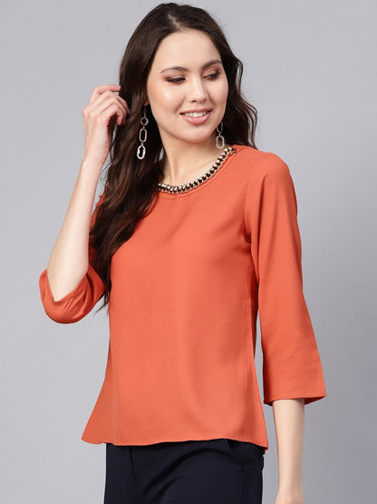 Women's Rust Front Embellished Necklace Top
