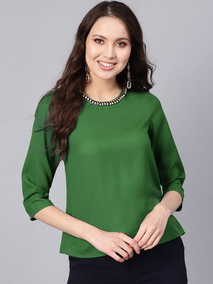 Women's Green Front Embellished Necklace Top