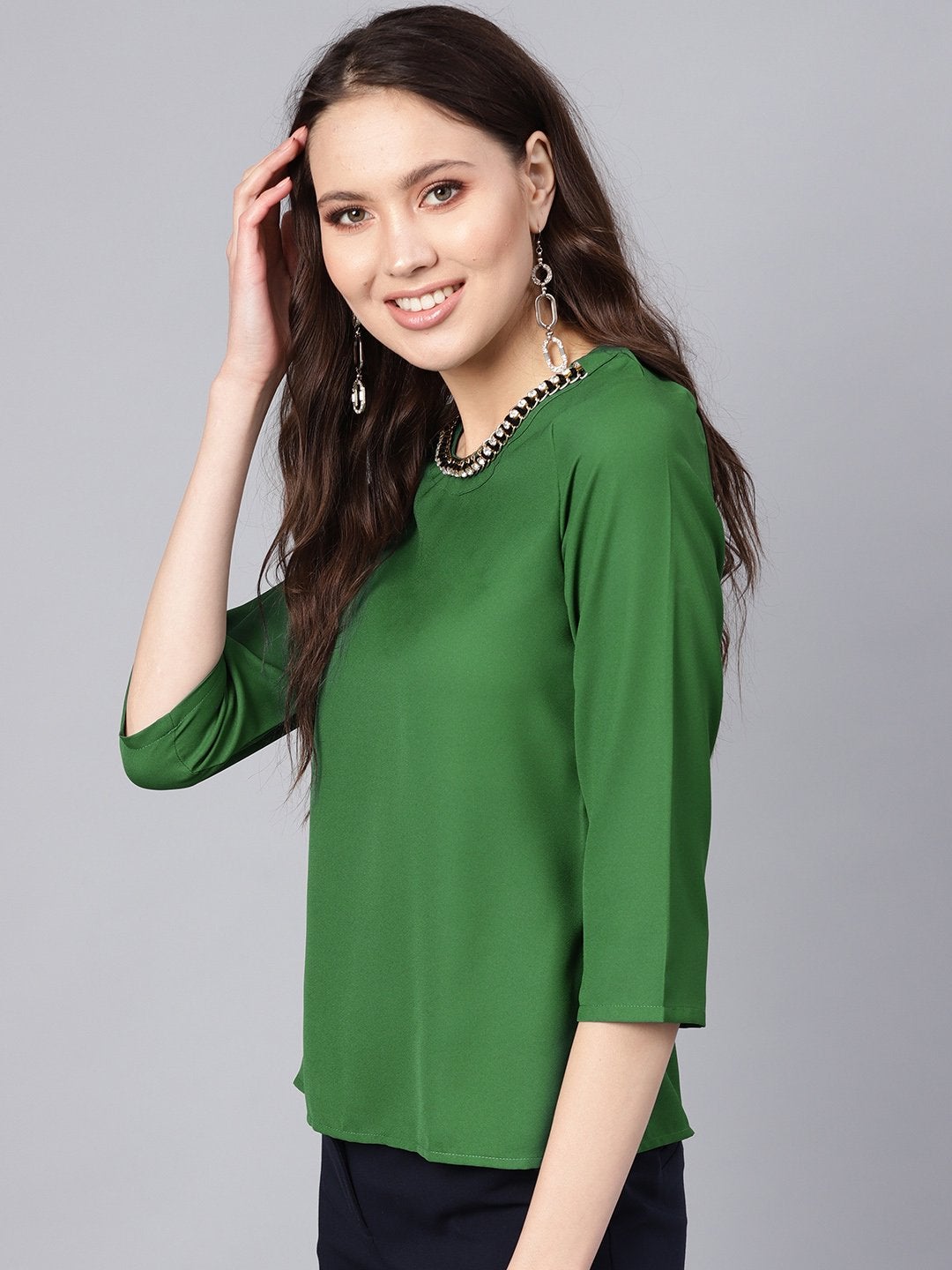 Women's Green Front Embellished Necklace Top