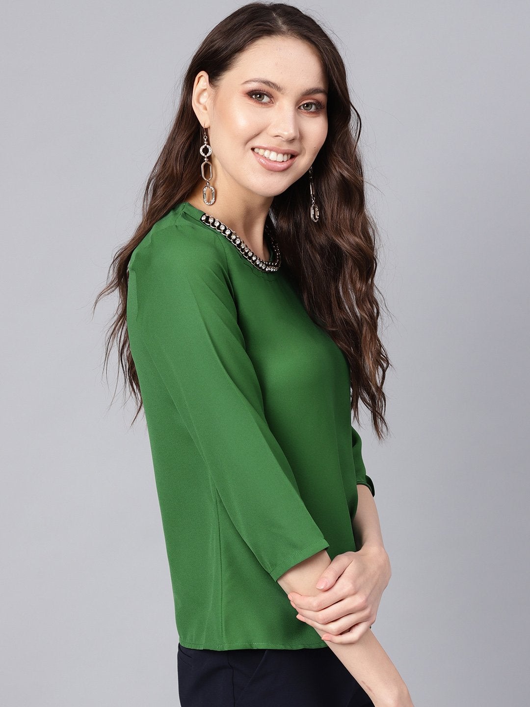 Women's Green Front Embellished Necklace Top