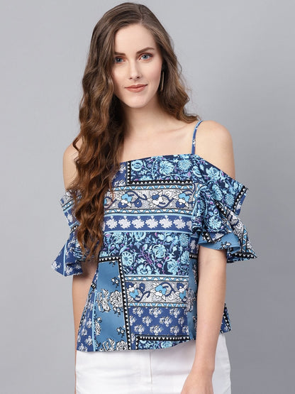 Women's Blue Floral Cold Shoulder Strappy Top