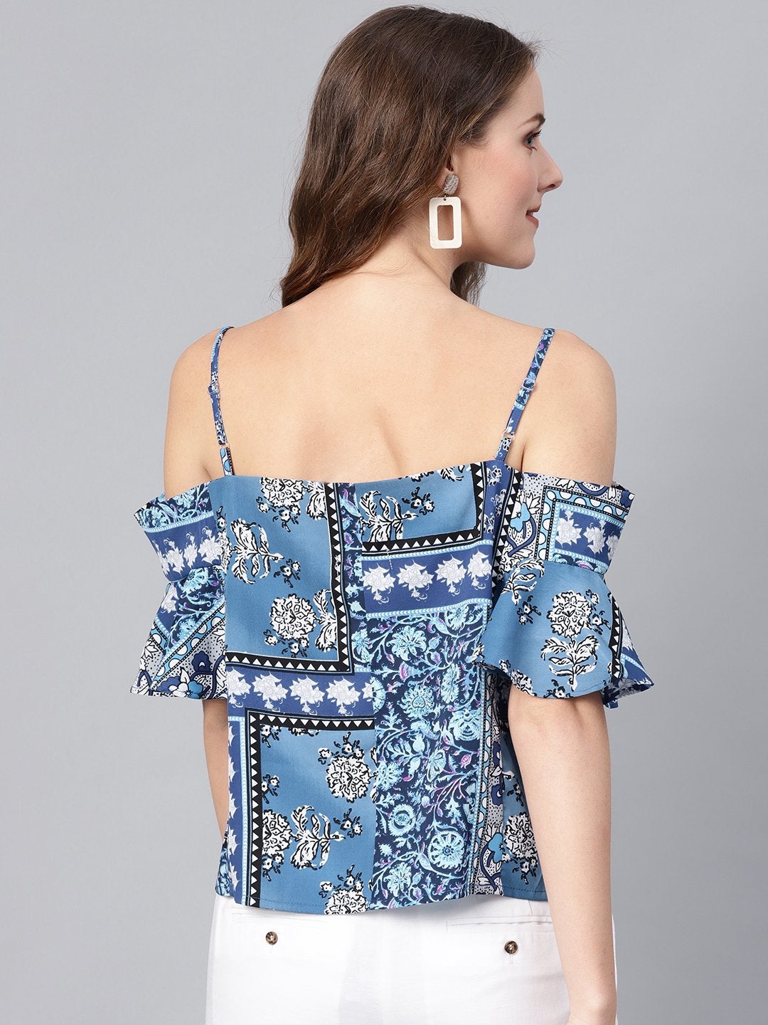 Women's Blue Floral Cold Shoulder Strappy Top