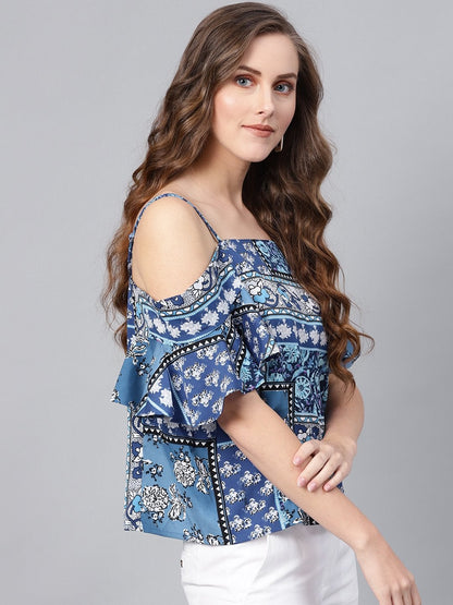 Women's Blue Floral Cold Shoulder Strappy Top