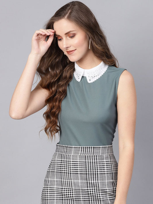 Women's Teal Collar Sleeveless Top