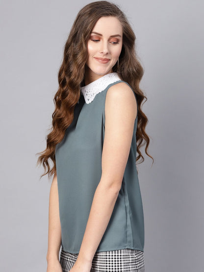Women's Teal Collar Sleeveless Top